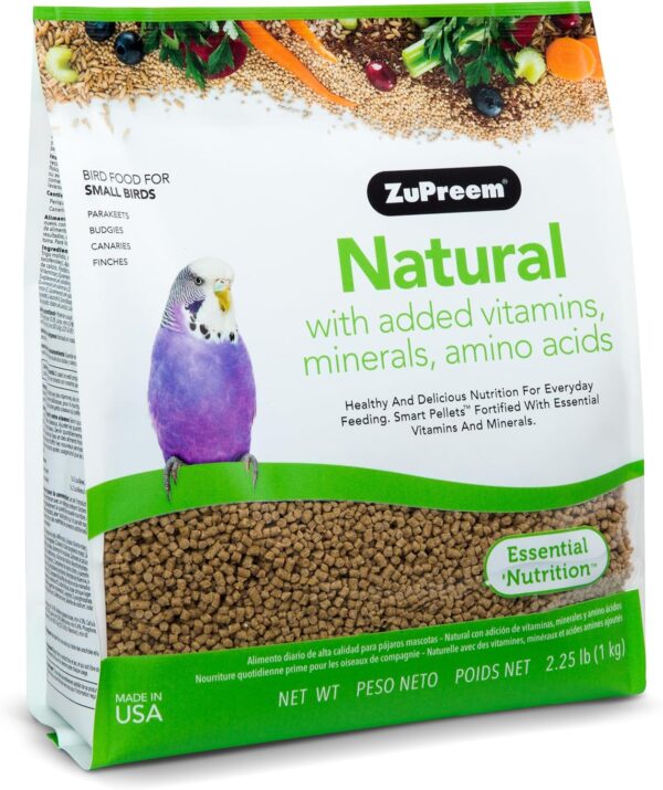 ZuPreem Natural Bird Pellets, daily food for parakeets, budgies, parrotlets, and doves. Core nutrition for small birds with added vitamins, made in the USA.