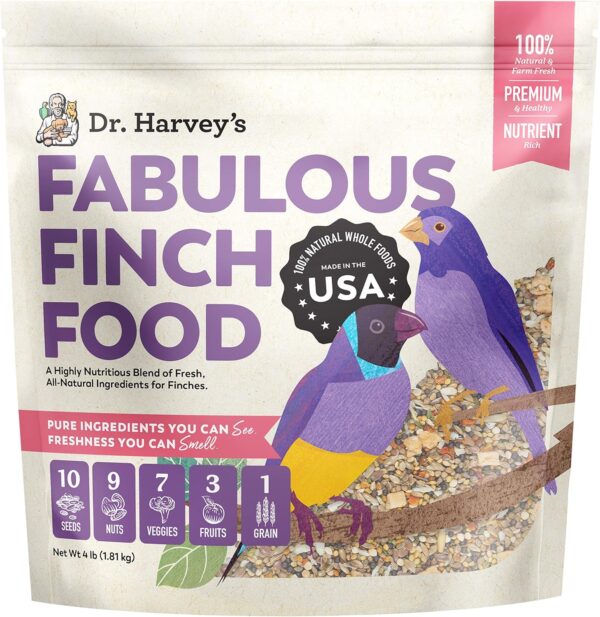 Dr. Harvey’s Fabulous Finch Food is a premium mix of seeds, nuts, fruits